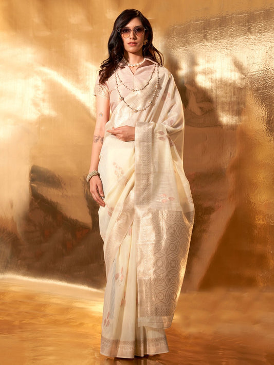 Cream Cream Banarasi Linen Woven Saree