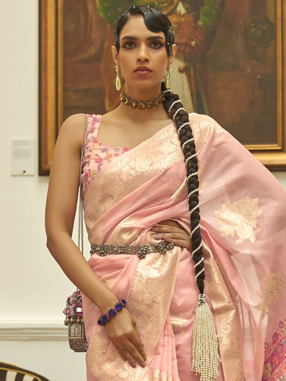 Pink Bagru Silk Blend Woven Saree