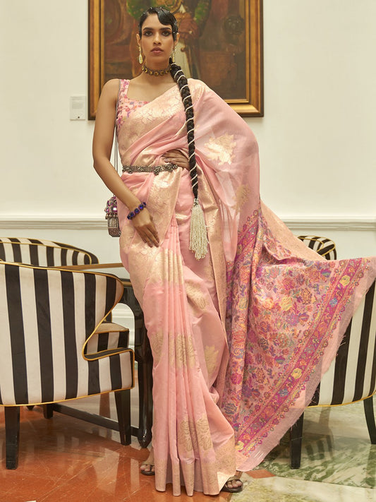Pink Pink Bagru Silk Blend Woven Saree