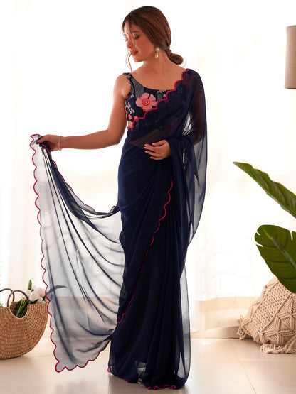 Navy Party Wear Georgette Embellished Saree