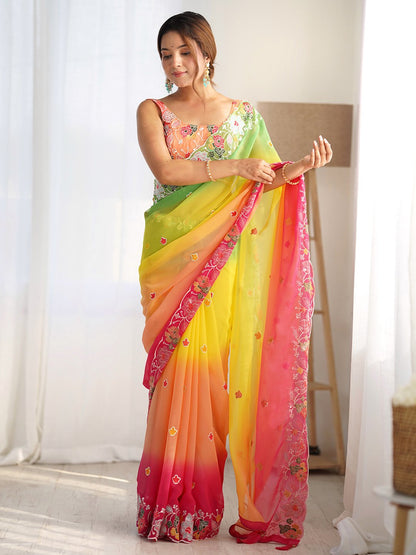 Yellow Party Wear Georgette Embellished Saree