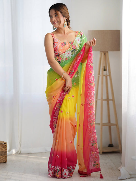 Yellow Yellow Party Wear Georgette Embellished Saree