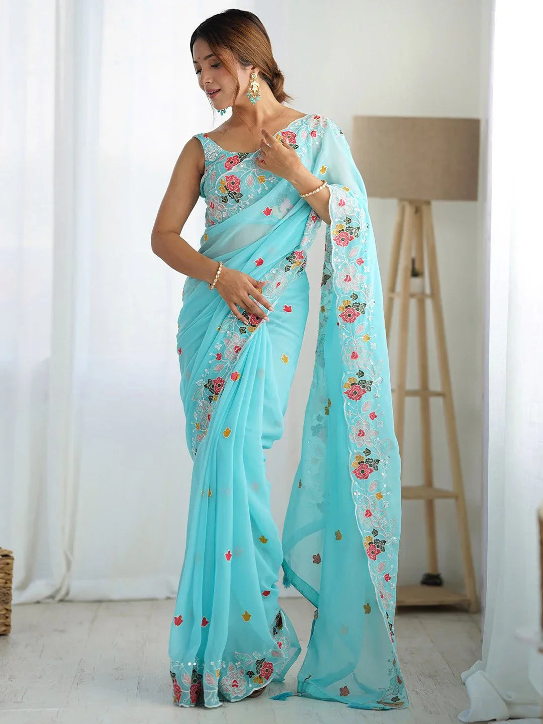 Light Party Wear Georgette Embellished Saree - The Dori Store