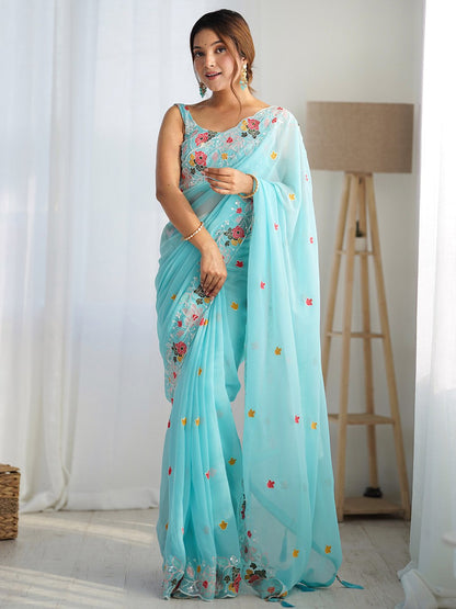 Blue Light Party Wear Georgette Embellished Saree