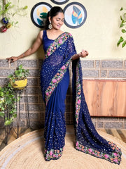 Exquisite Blue Floral Georgette Saree - The Dori Store
