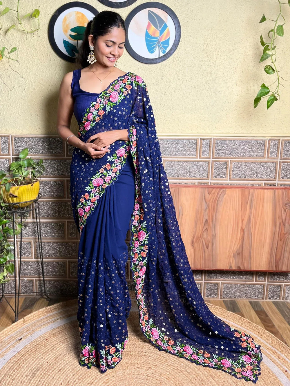 Exquisite Blue Floral Georgette Saree - The Dori Store