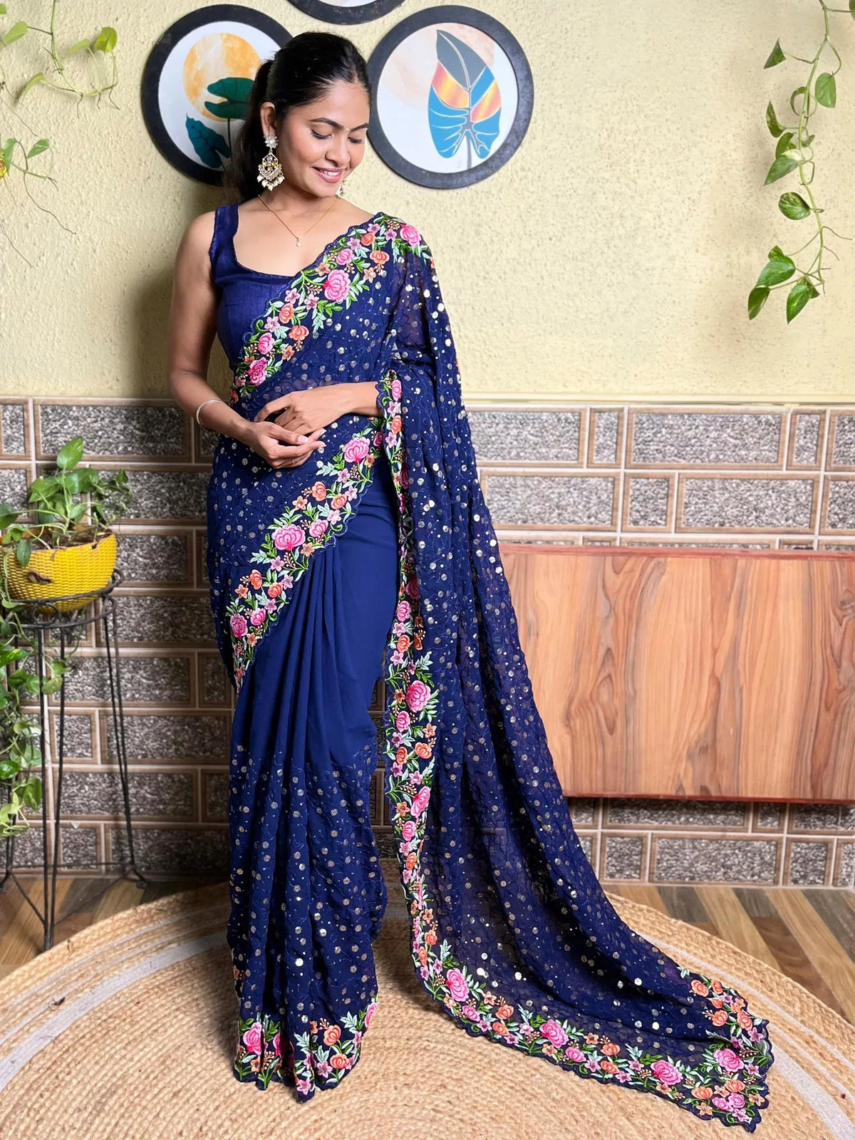 Exquisite Blue Floral Georgette Saree - The Dori Store