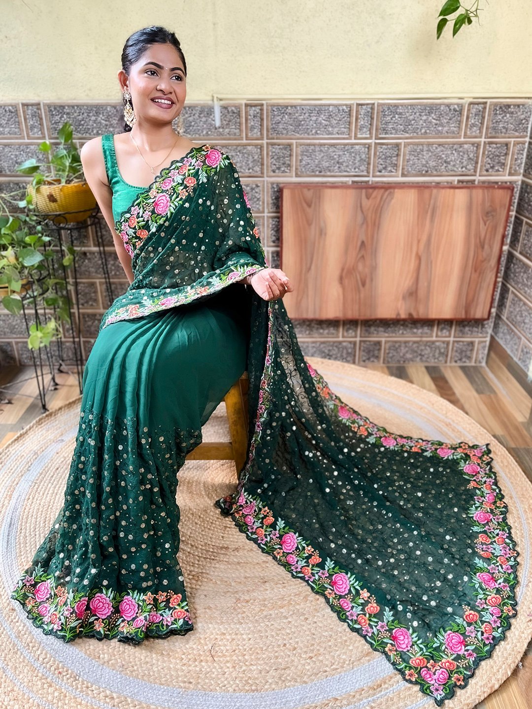 Green Party Wear Georgette Embellished Saree