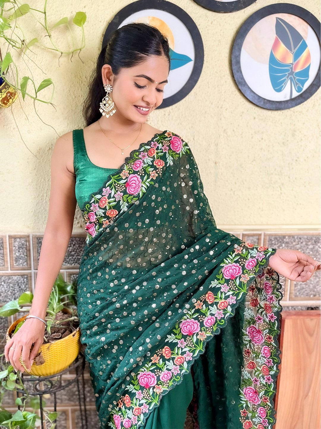 Green Party Wear Georgette Embellished Saree