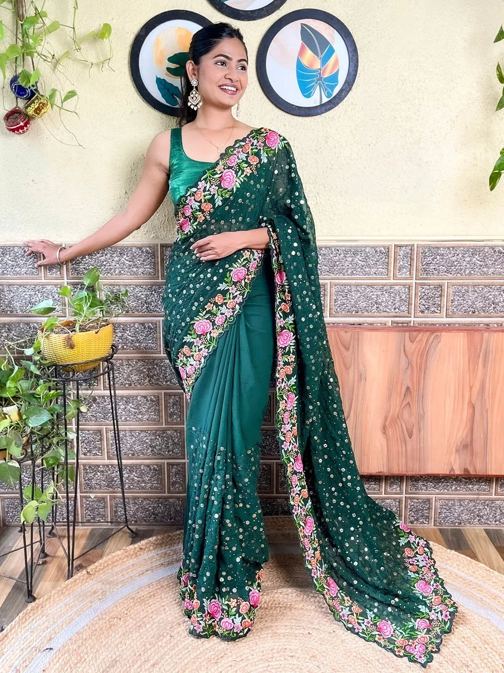 Green Party Wear Georgette Embellished Saree - The Dori Store
