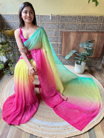Yellow Party Wear Georgette Embellished Saree