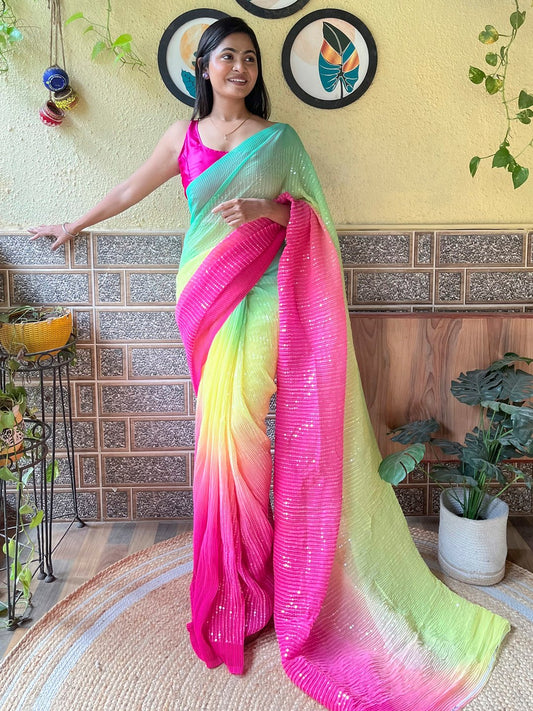 Multicolor Yellow Party Wear Georgette Embellished Saree