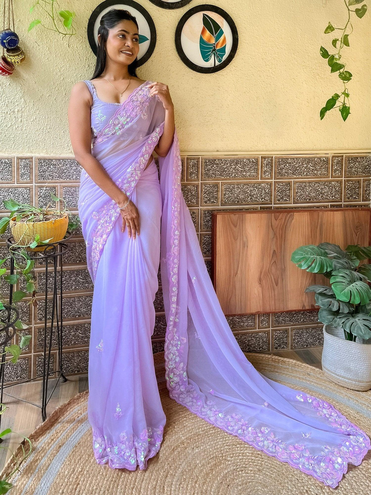 Lavender Designer Sequincs Georgette Saree - The Dori Store