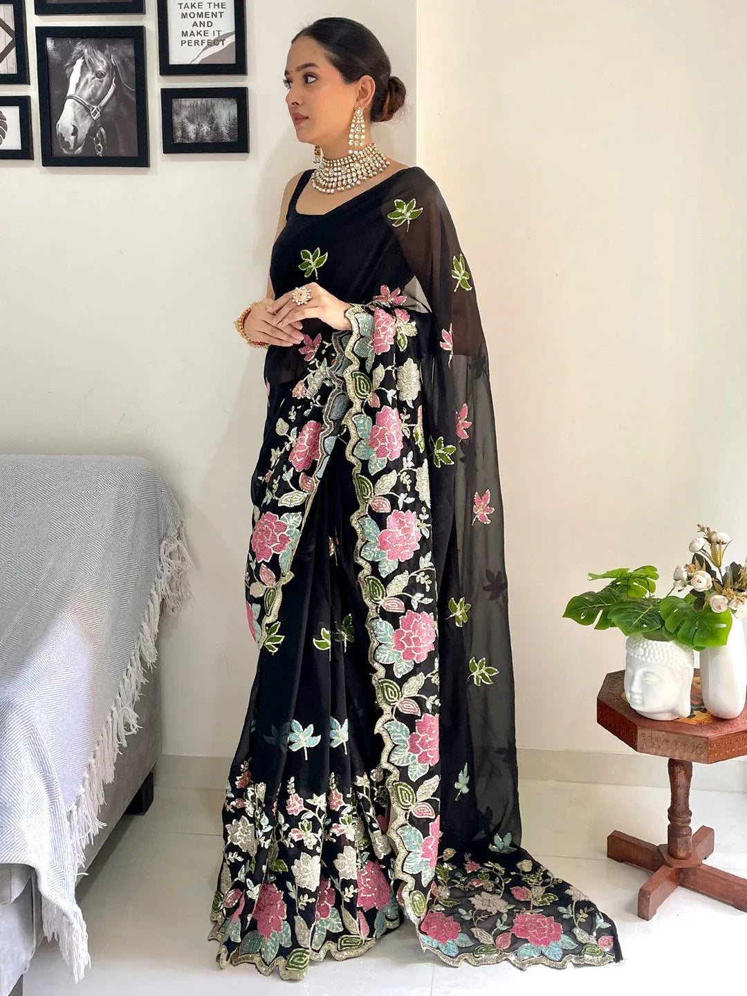 Black Party Wear Georgette Embellished Saree