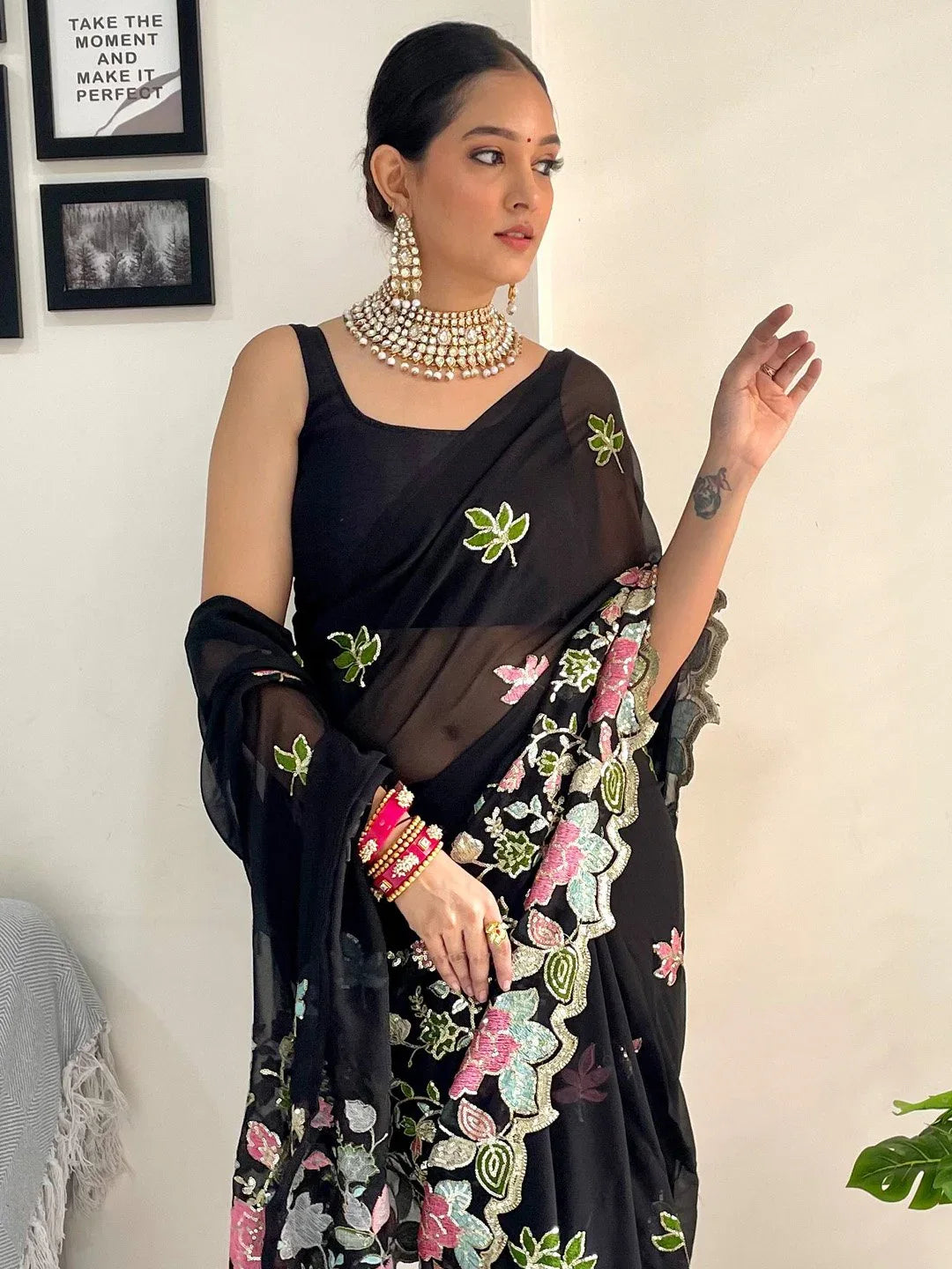 Black Party Wear Georgette Embellished Saree