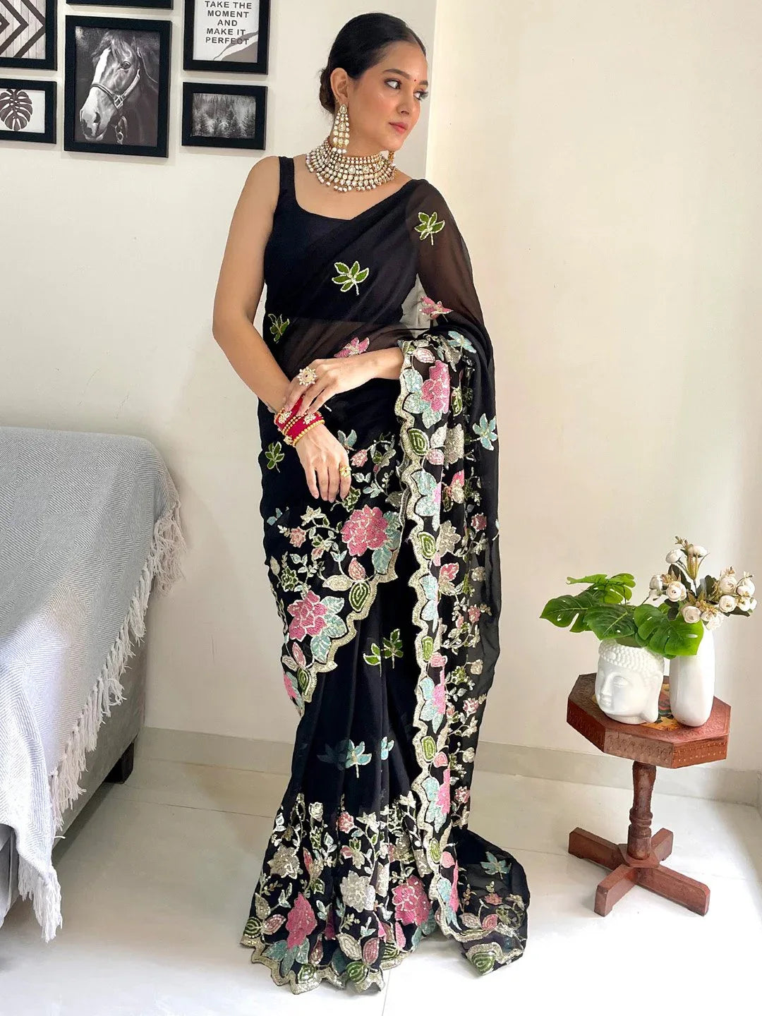 Black Black Party Wear Georgette Embellished Saree