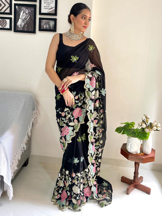 Black Black Party Wear Georgette Embellished Saree