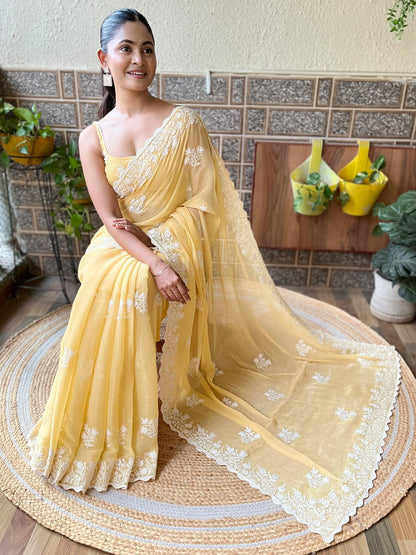 Yellow Party Wear Georgette Embroidered Saree