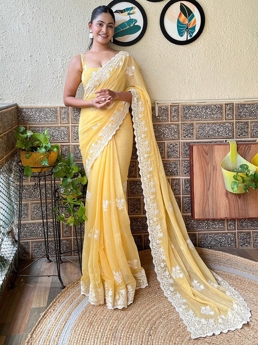 Yellow Yellow Party Wear Georgette Embroidered Saree