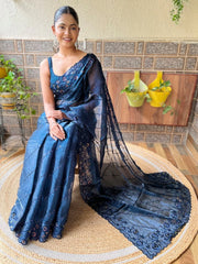 Navy Party Wear Organza Embellished Saree