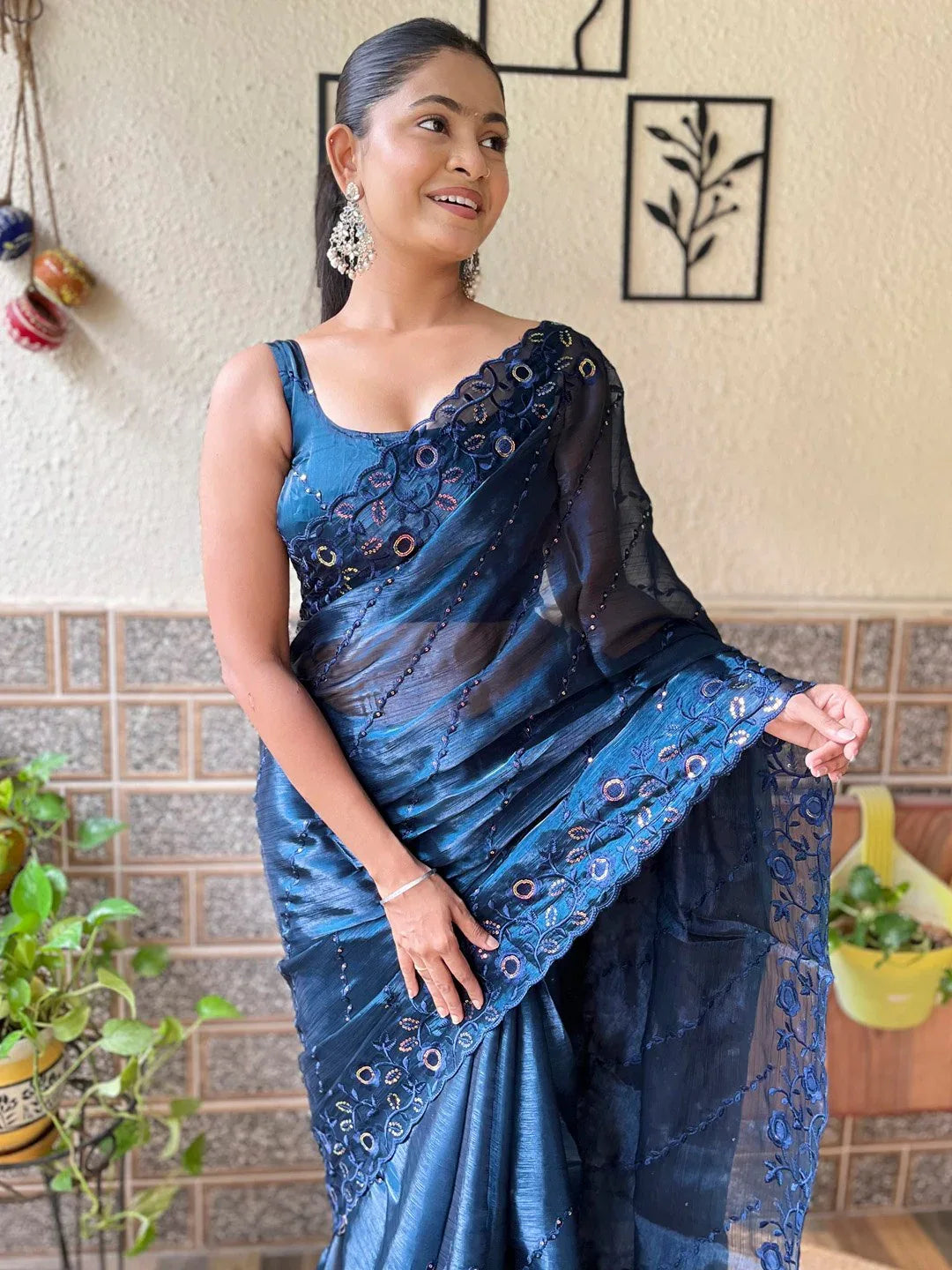 Navy Party Wear Organza Embellished Saree