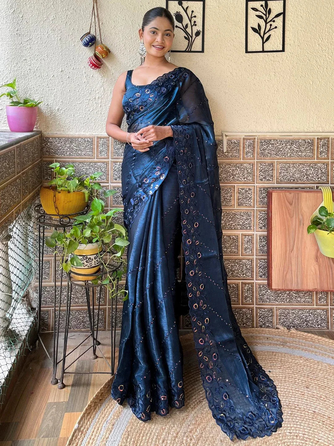 Blue Navy Party Wear Organza Embellished Saree