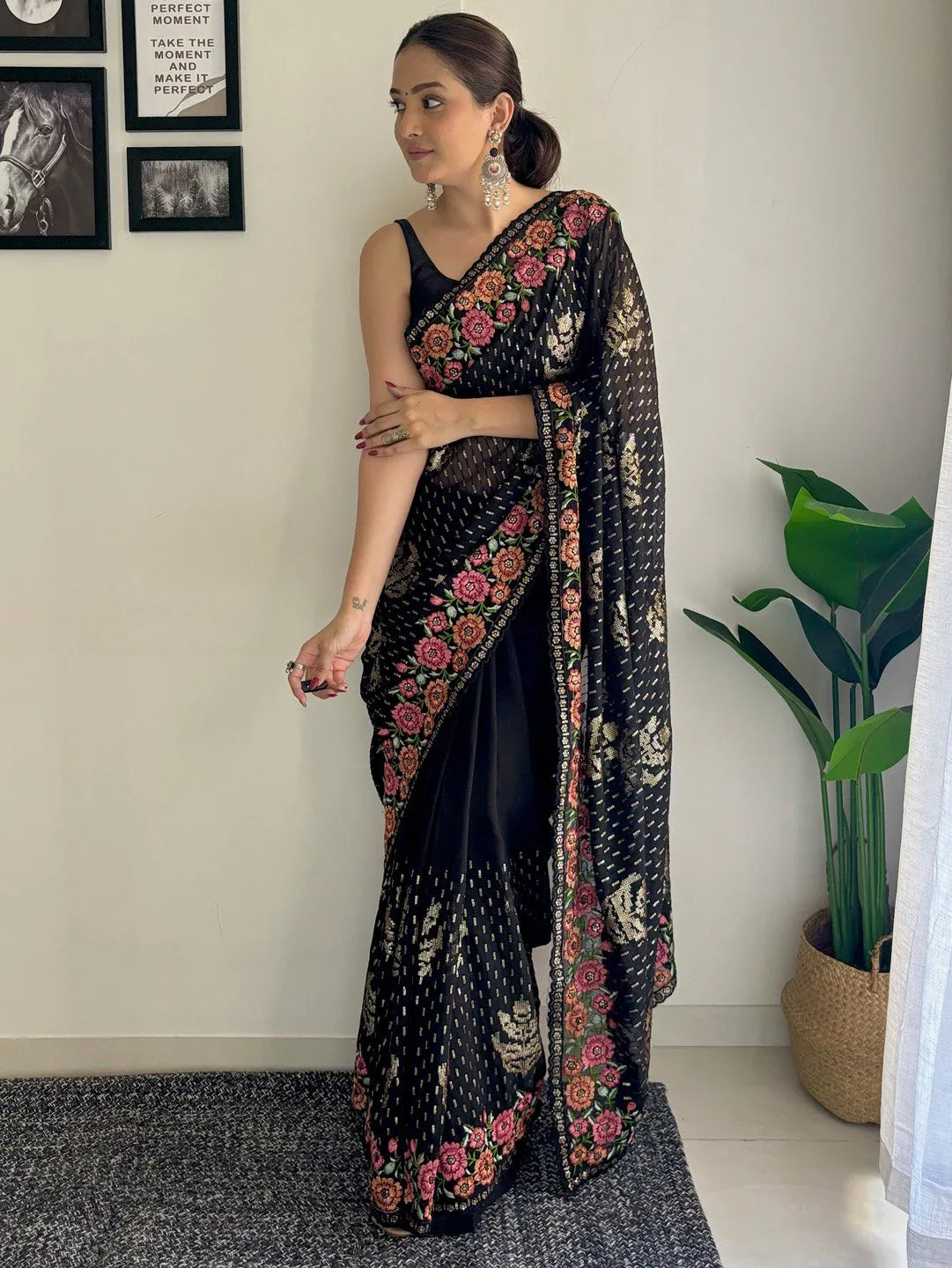 Black Party Wear Georgette Embellished Saree