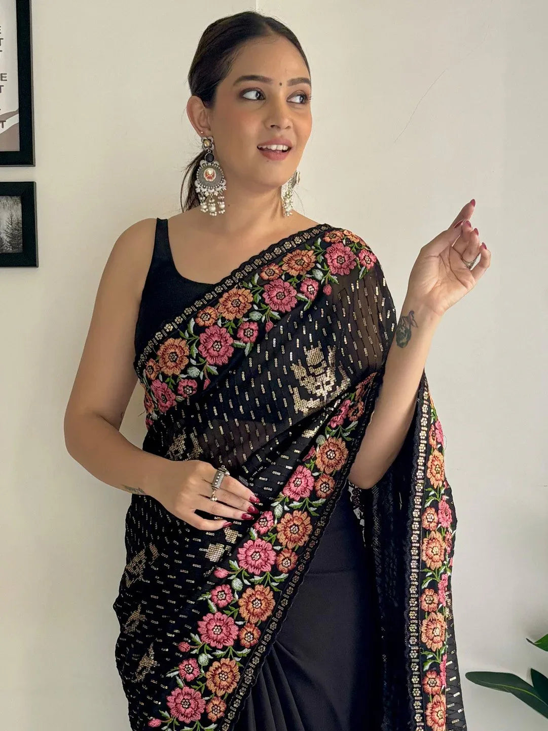 Black Party Wear Georgette Embellished Saree