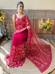 Pink Party Wear Net Embellished Saree