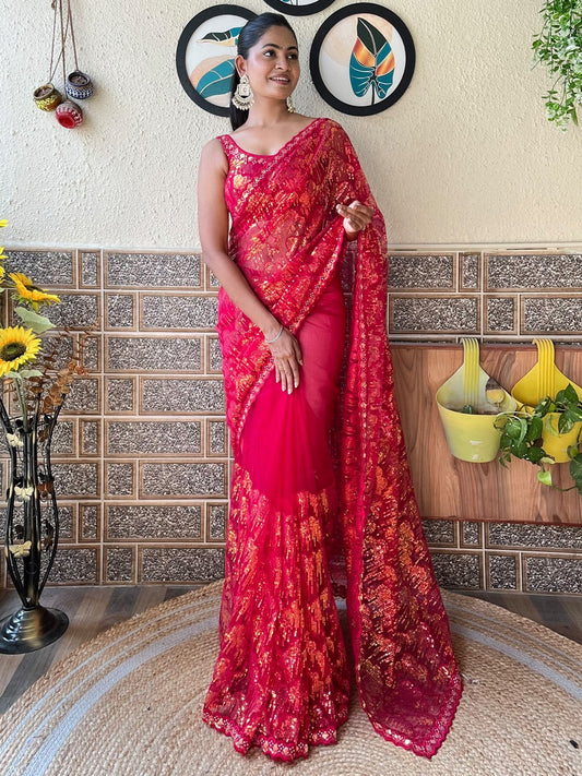 Pink Pink Party Wear Net Embellished Saree
