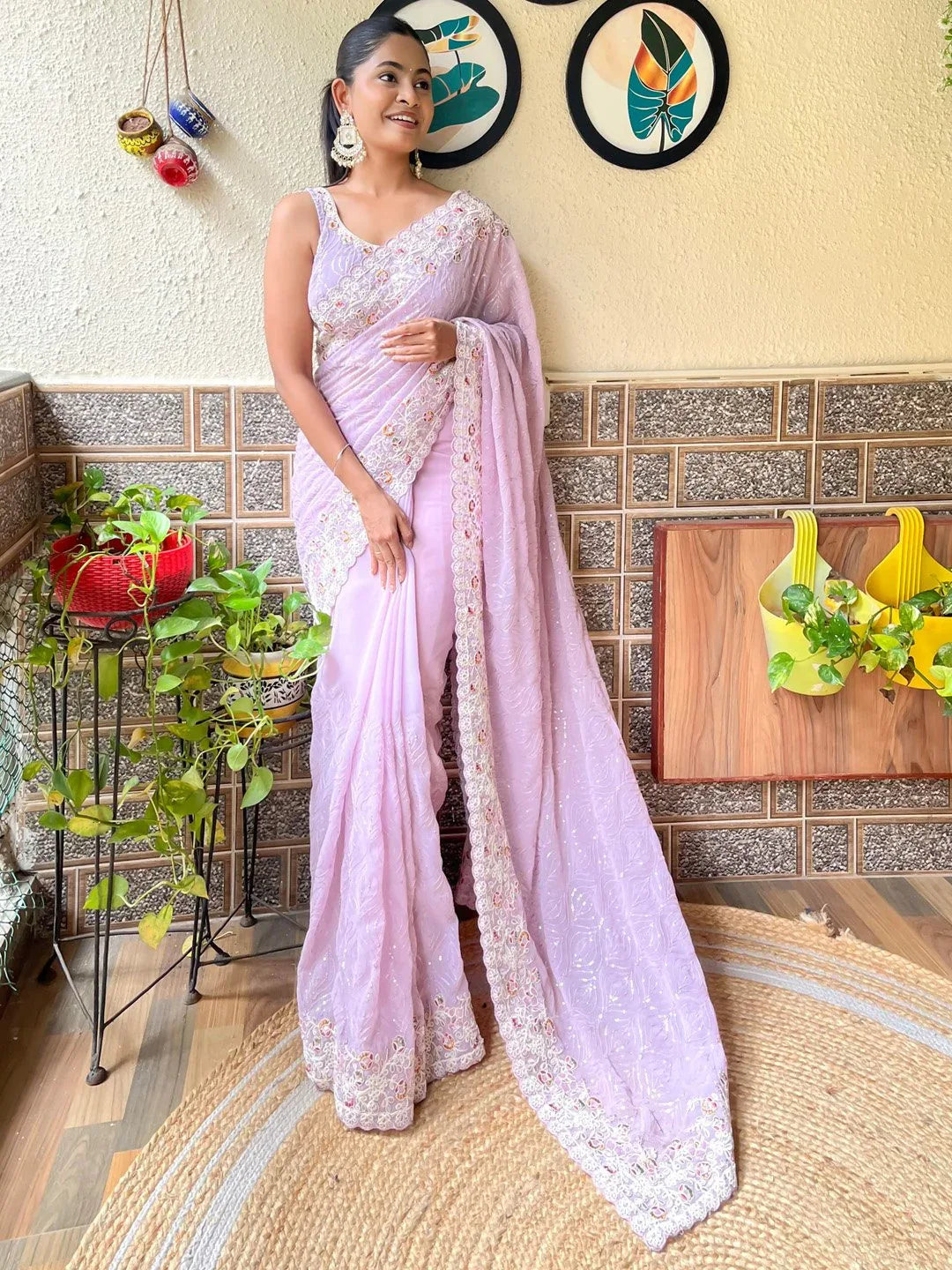 Pink Mauve Party Wear Georgette Embellished Saree