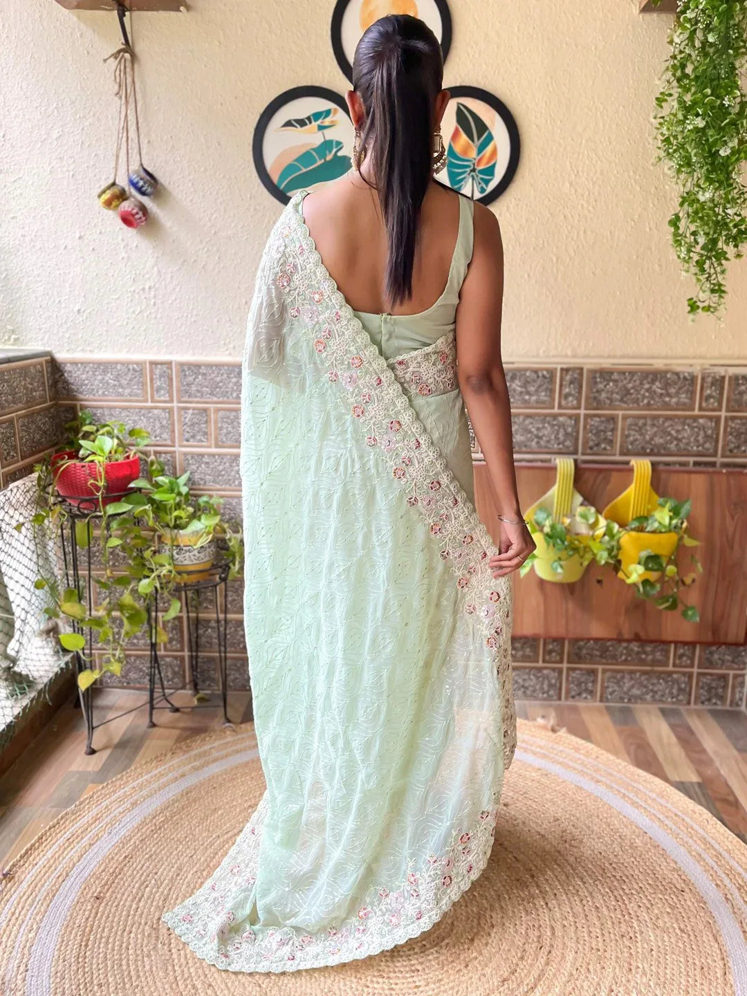 Light Party Wear Georgette Embellished Saree - The Dori Store