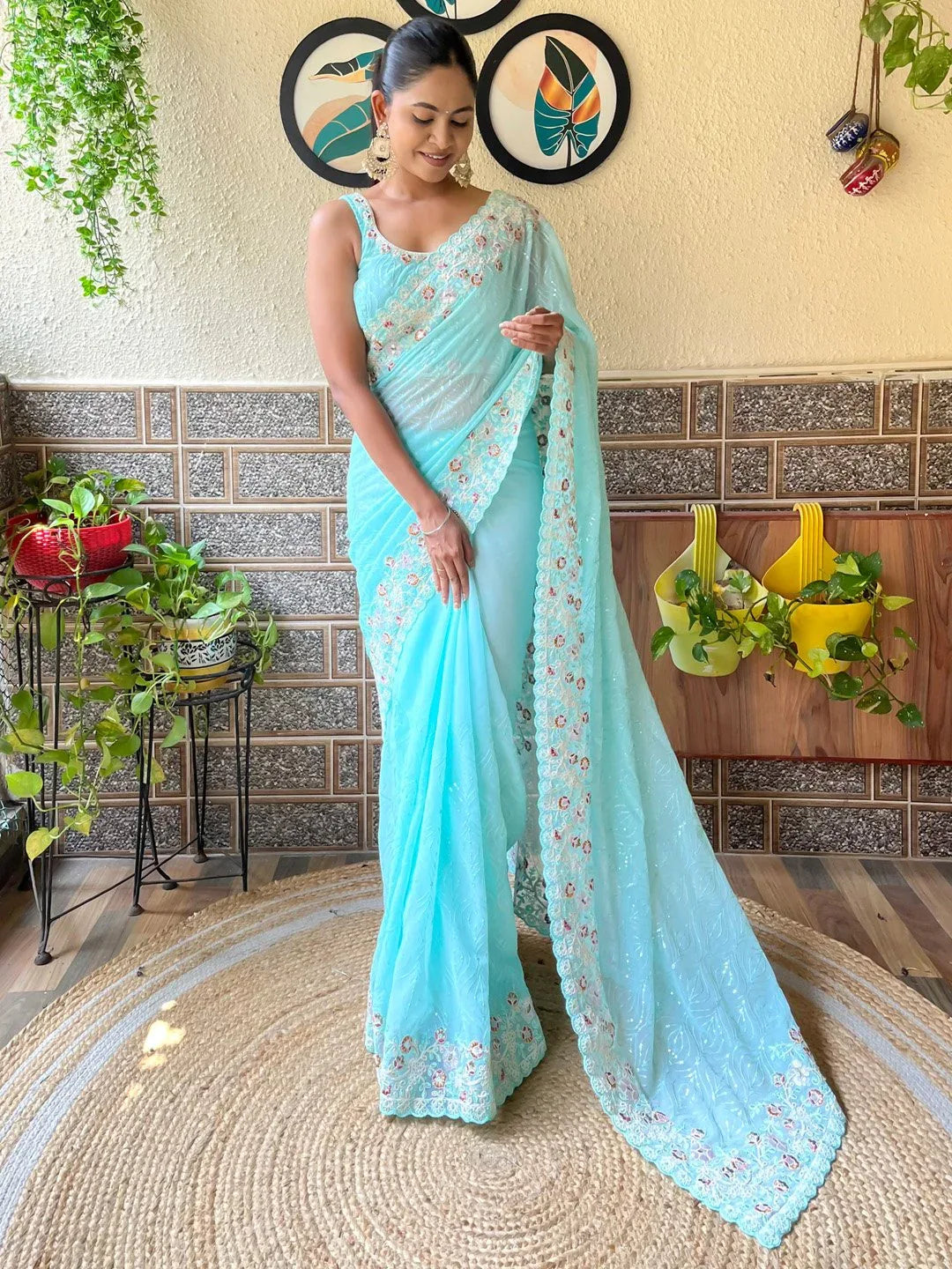 Light Party Wear Georgette Embellished Saree - The Dori Store