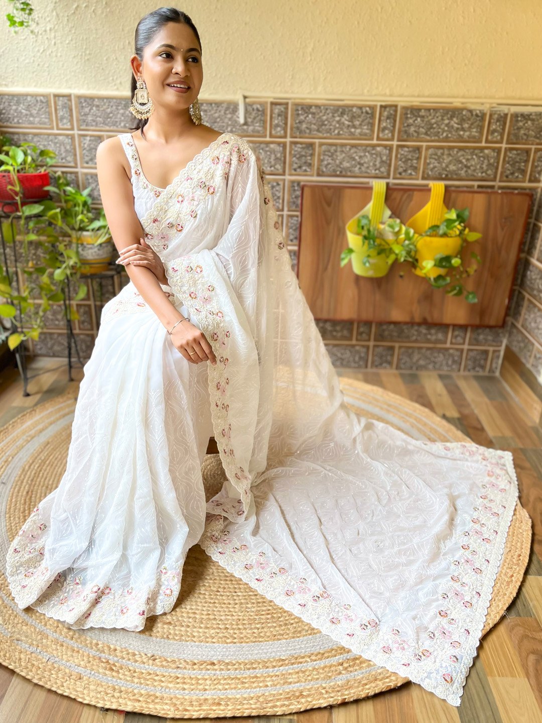 White Party Wear Georgette Embellished Saree