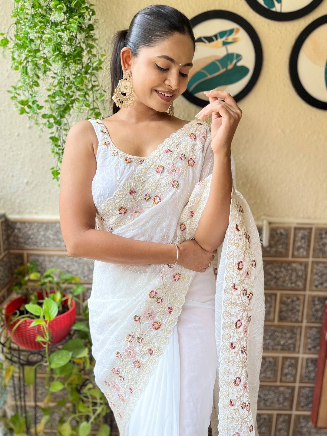 White Party Wear Georgette Embellished Saree