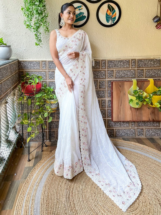 White White Party Wear Georgette Embellished Saree