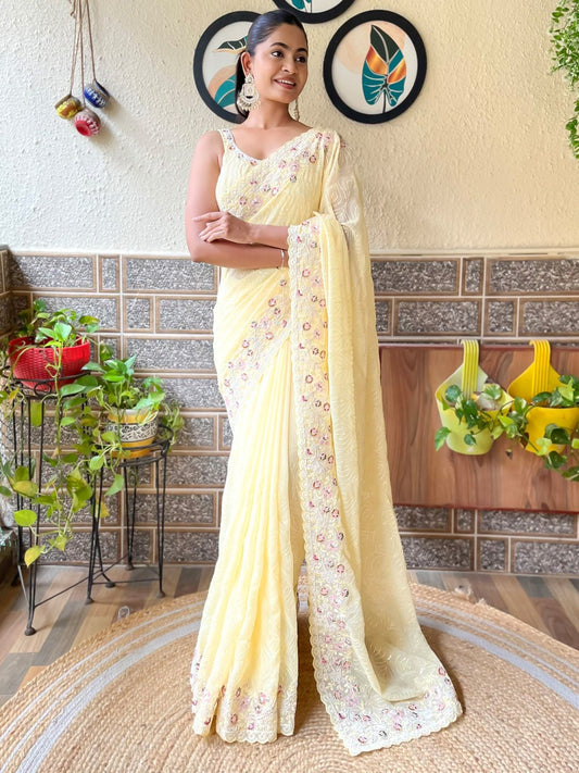 Yellow Yellow Party Wear Georgette Embellished Saree