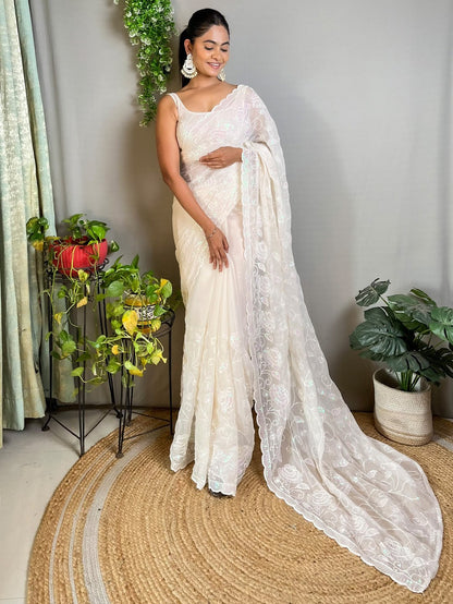 White Off Party Wear Georgette Embellished Saree