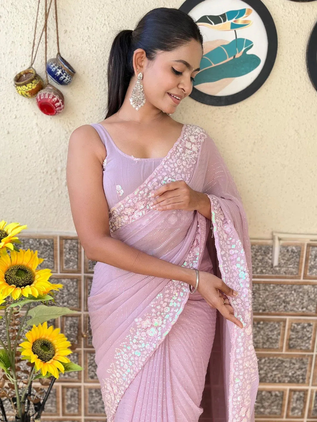 Mauve Party Wear Georgette Embellished Saree - The Dori Store