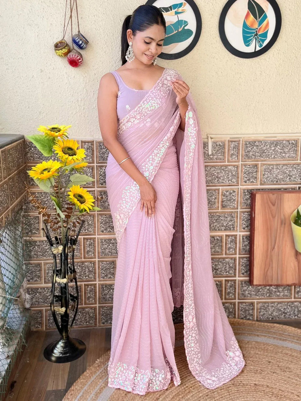 Mauve Party Wear Georgette Embellished Saree - The Dori Store