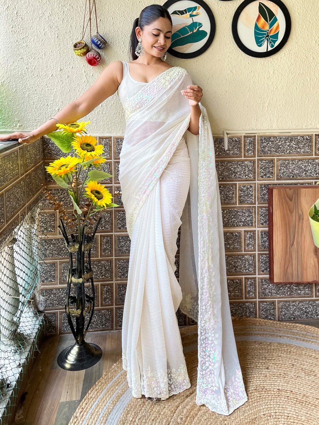 Off Party Wear Georgette Embellished Saree