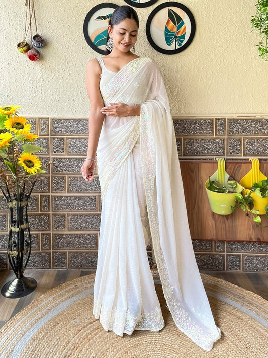 White Off Party Wear Georgette Embellished Saree