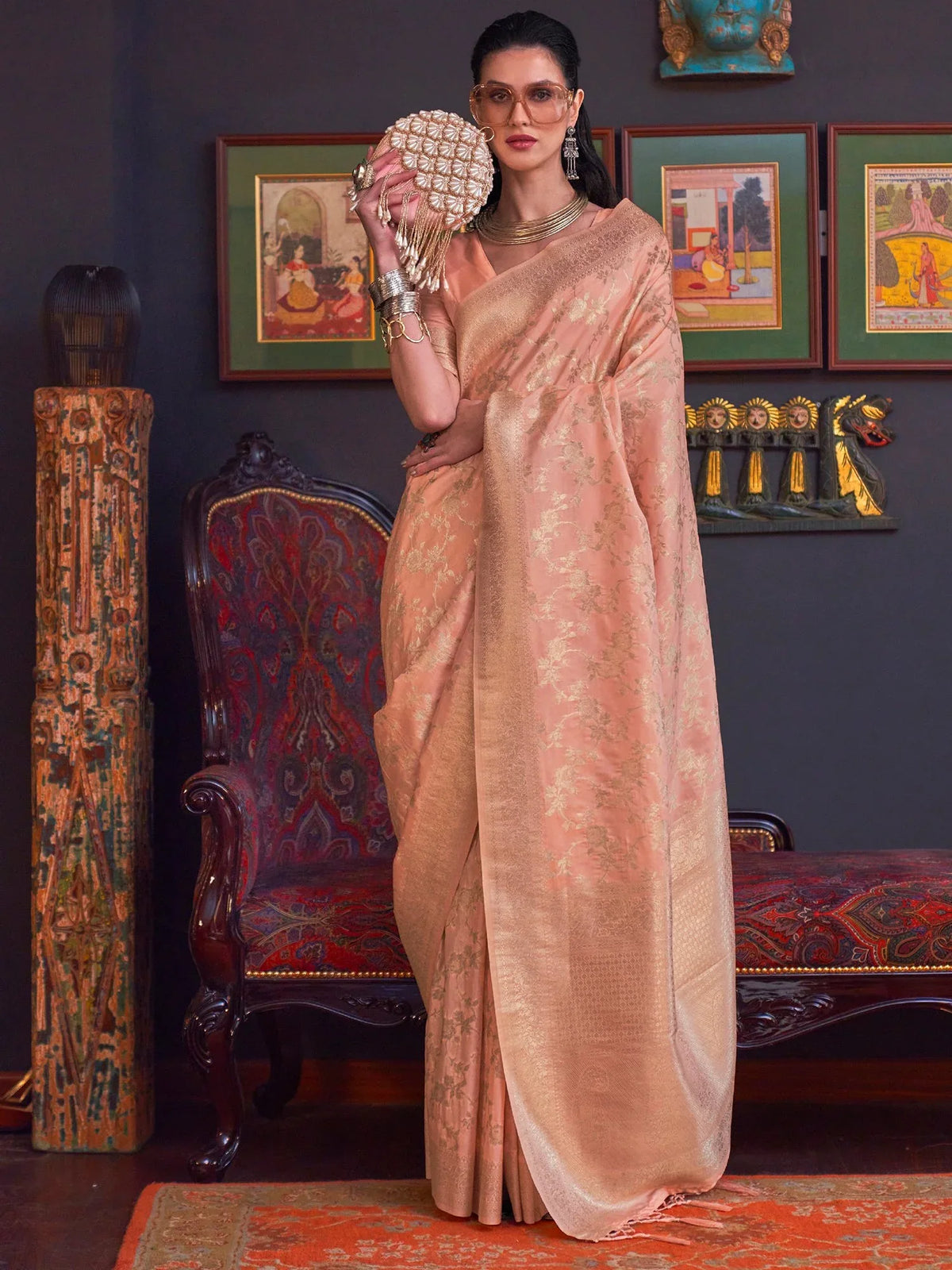 Peach Pink Festive Banarasi Katan Silk Saree - The Dori Store