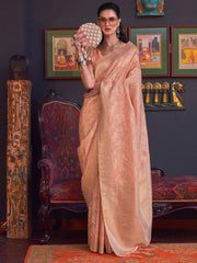 Peach Pink Festive Banarasi Katan Silk Saree - The Dori Store