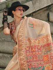 Cream Banarasi Silk Blend Woven Saree