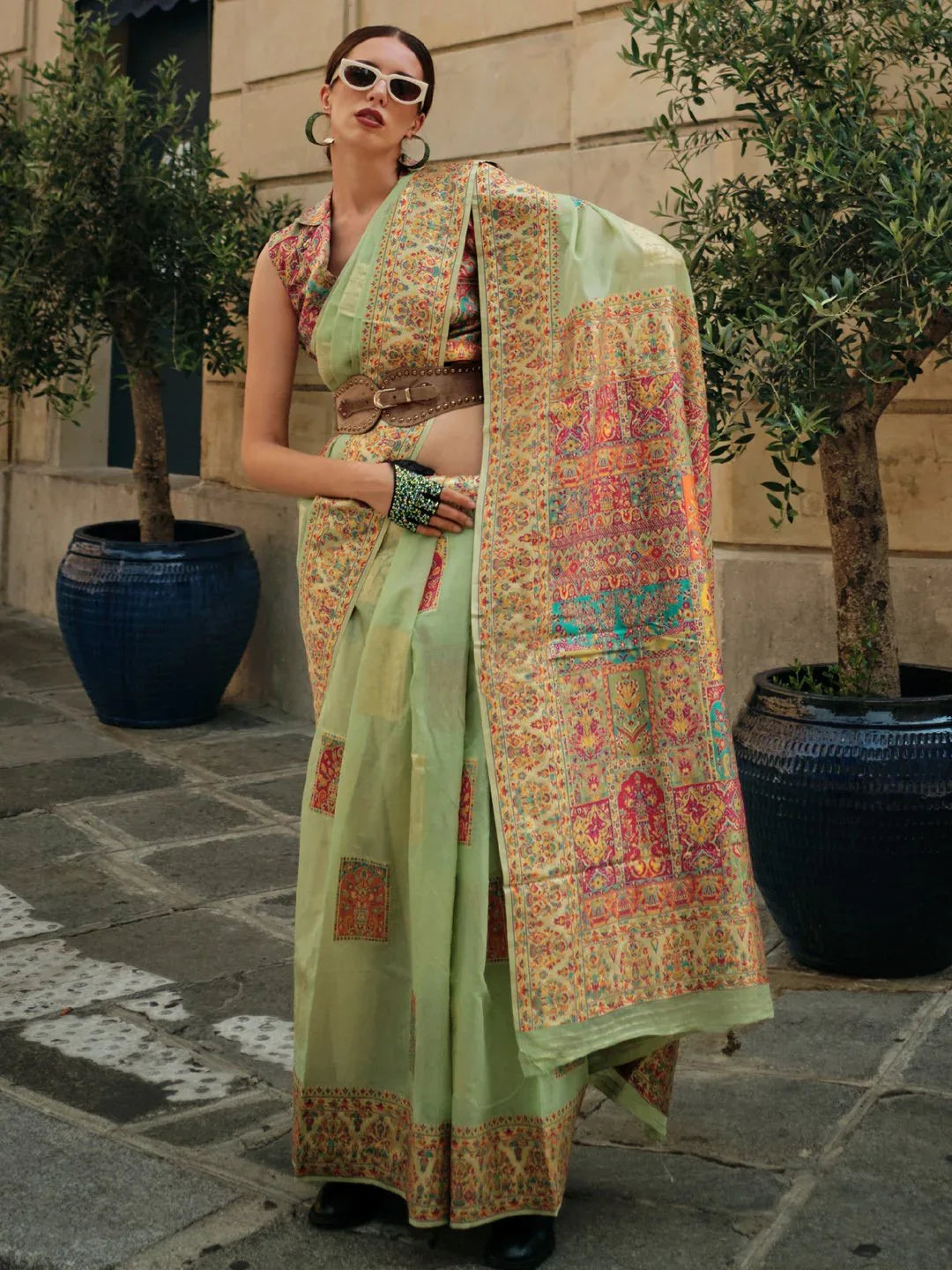 LightGreen Banarasi Silk Blend Woven Saree - The Dori Store