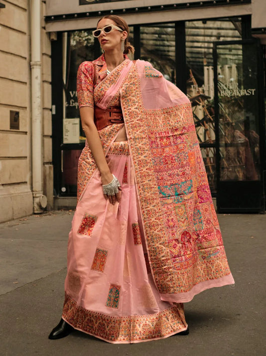 Pink Pink Banarasi Silk Blend Woven Saree