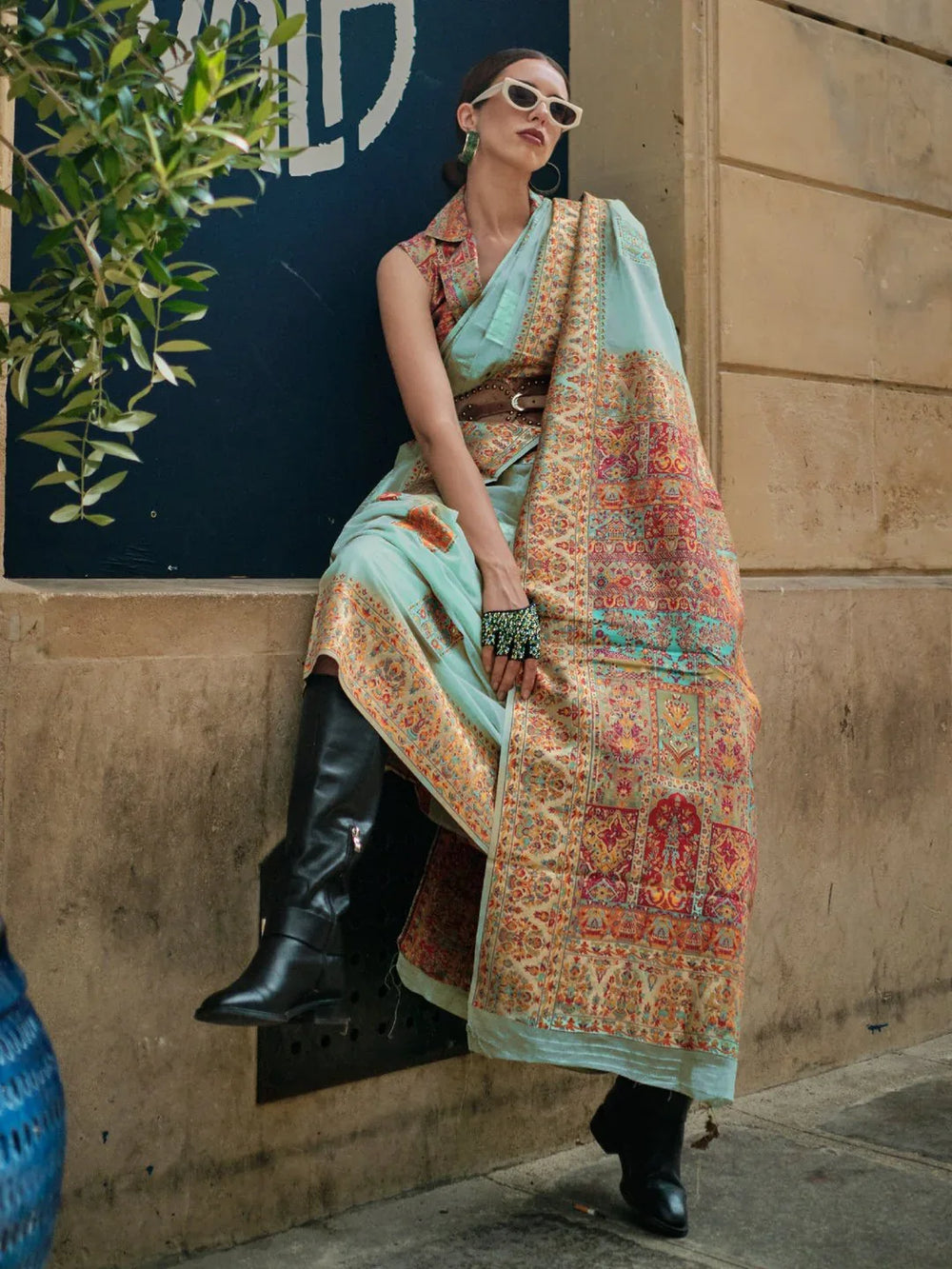 LightBlue Banarasi Silk Blend Woven Saree - The Dori Store