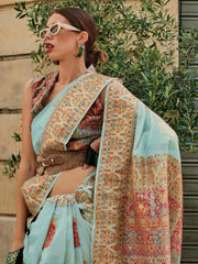 LightBlue Banarasi Silk Blend Woven Saree - The Dori Store