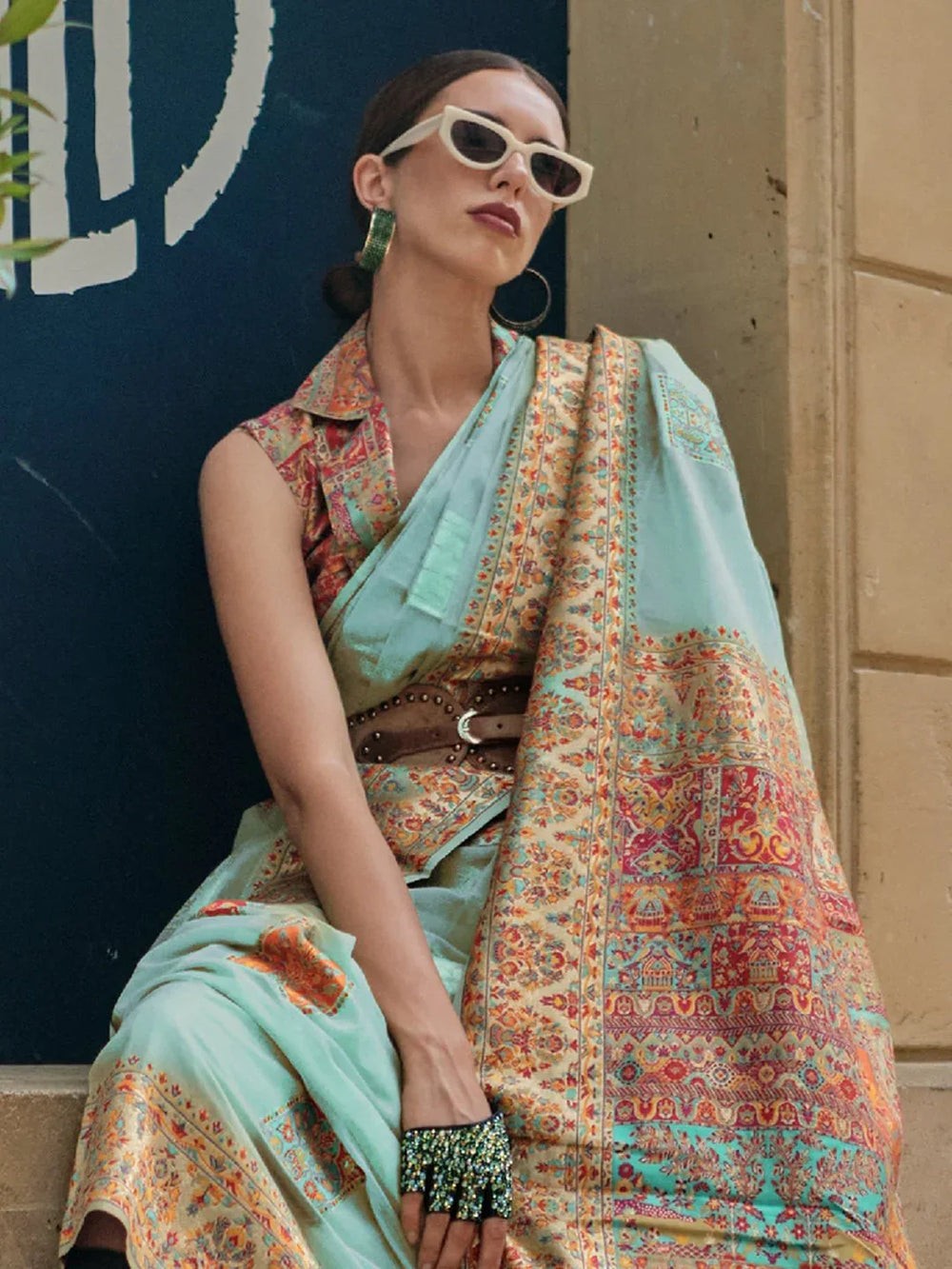 LightBlue Banarasi Silk Blend Woven Saree - The Dori Store